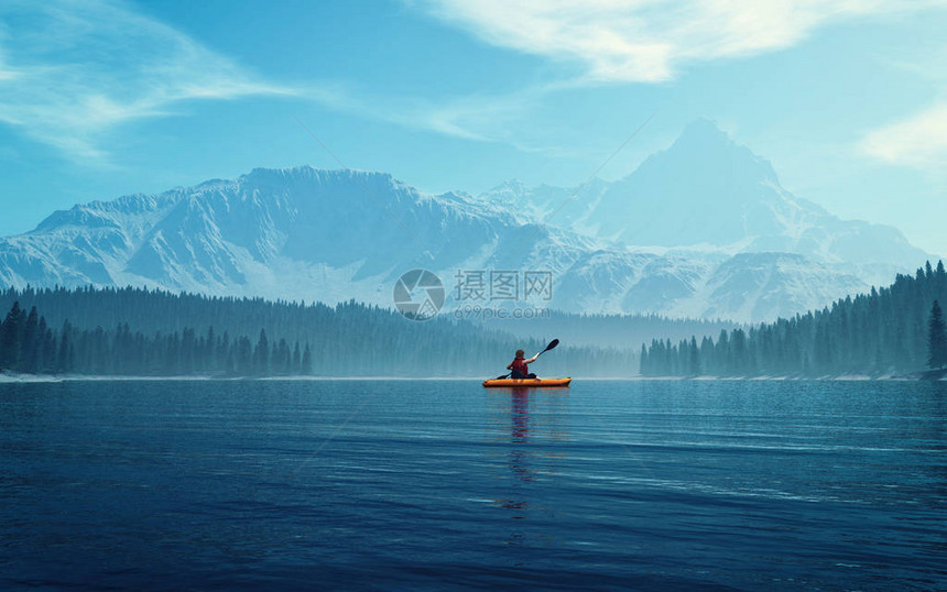 在湖上划独木舟的人3d渲染图图片