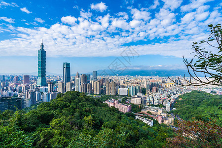 蓝天白云城市天际线台北101建筑和建筑的美丽景背景图片