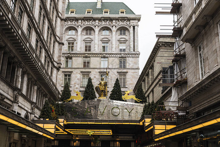 萨沃伊酒店的门面与圣诞装饰在伦敦图片