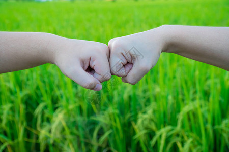 男孩和女孩在草地背景上用手碰拳图片