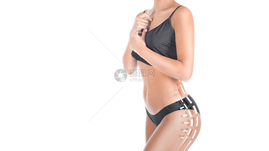 白色背景上有线条和箭头的女身体缩小和图片