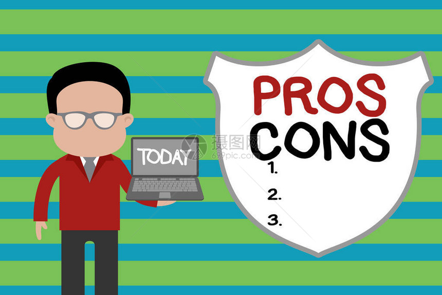 概念手写显示ProsCons概念意指穿着戴露天笔记本电脑照片眼镜的穿衣男子展示优美和不利因素或理由图片