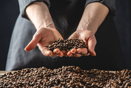 手握着黑暗背景的香咖啡豆一连串阿拉伯烤谷物选择新鲜咖啡图片