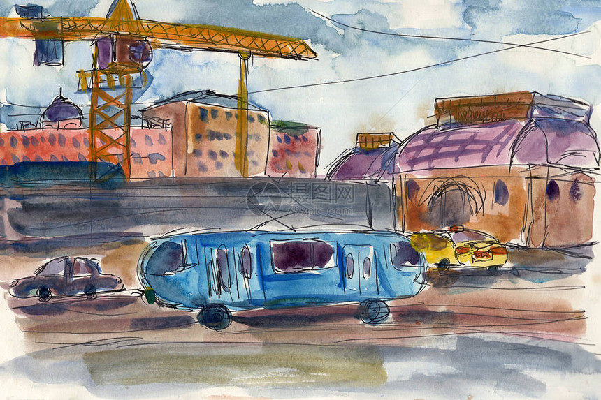 城市水彩绘画草图插图建筑物城镇运输汽车出租车电车交通工地图片