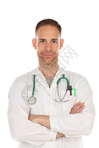 年轻医生穿白色长袍白底带听诊图片