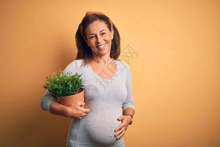 中年孕妇期待婴儿拿着花盆图片