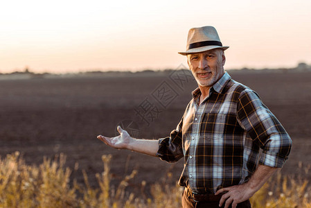 喜悦的自营职业农民在小麦田附近种植草帽图片