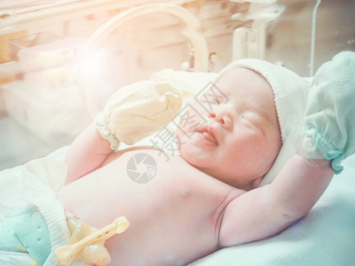 医院产后房孵化器内的新生女婴图片