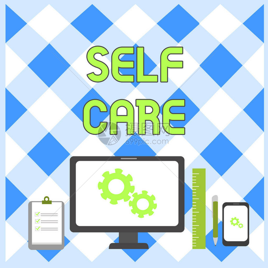 概念手写显示自我保健概念意味着采取行动改善自己的健康是自己的健康商业概念PC监视器移动设图片