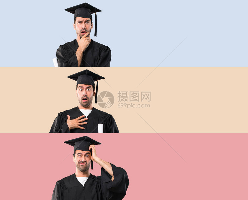 大学毕业日的一群男人在看右眼时感到惊讶和震惊在丰富多彩的背景上图片