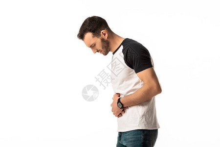 患有疾病的男子在胃部与腹部接触图片