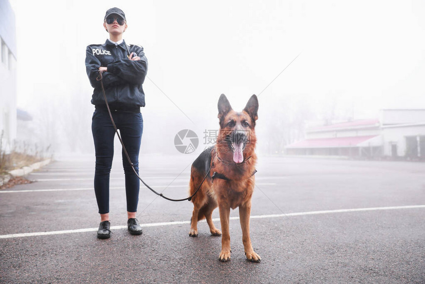 带着狗巡逻城市街道的女警官图片