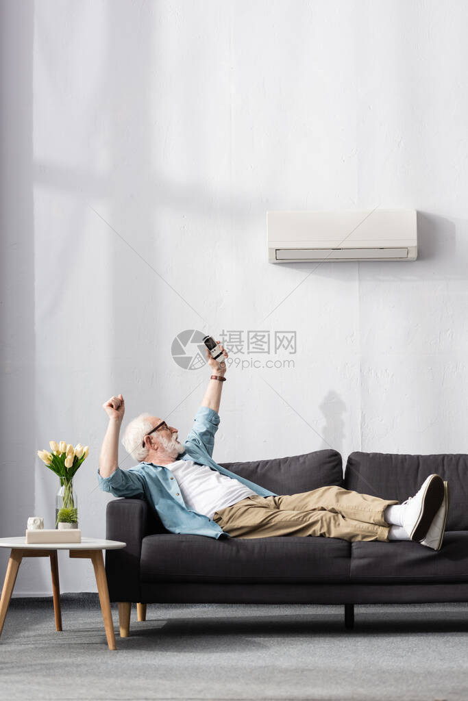 年长男子在沙发上举起遥控空调器的遥控器图片