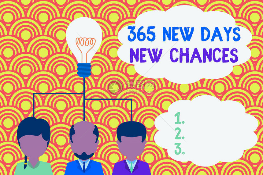 显示365天新机会的书写笔记重新开始一年日历机会组的商业概念三名执行人员分享想法图标图片