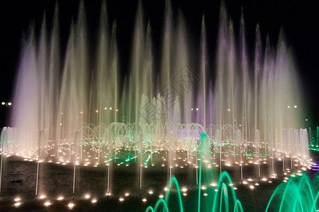 俄国莫斯科沙里锡诺公园夜间音乐及多彩喷泉水展景象背景图片