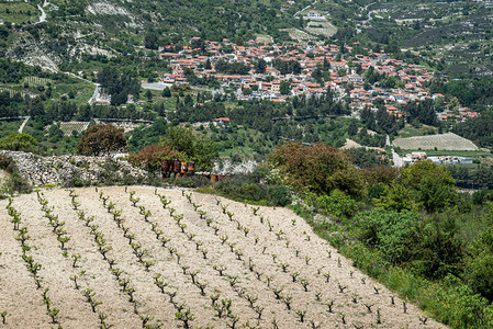 塞浦路斯Troodos山的图景和传统村庄Koilani村全景图片