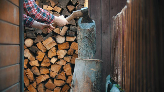 在木桩上用砍伐原木在原木上中投图片