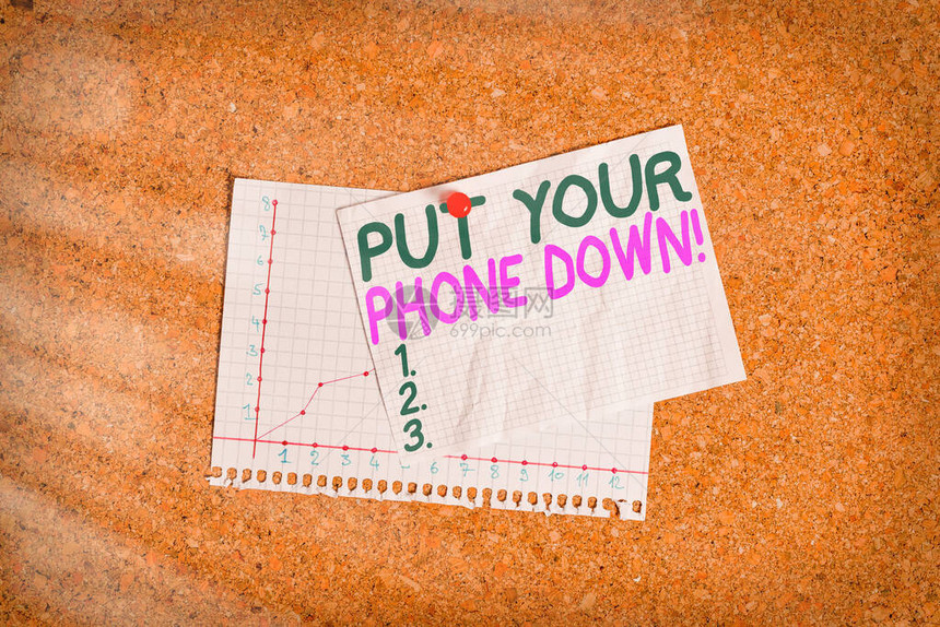 概念手写显示放下你的手机概念意义结束电话连接说再见来电者软木板尺寸纸图钉板图片