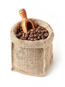 袋子与孤立的咖啡豆图片