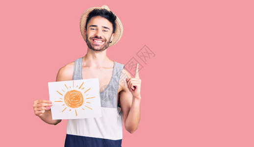 穿着夏日顶防晒太阳的西班牙青年男子对一个想法或问题感到惊讶图片
