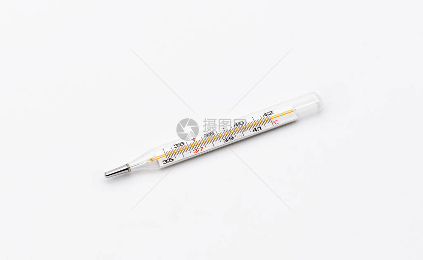 用于在白色背景上测量体温的医用温度计旧的水银医用温度计以摄氏度为单位健图片