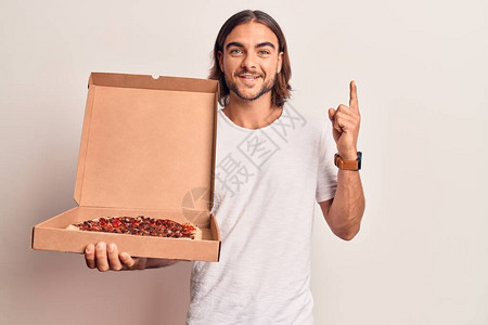 年轻英俊男人拿着送外卖比萨饼盒惊讶于一个想法或问题用快乐的面孔指图片