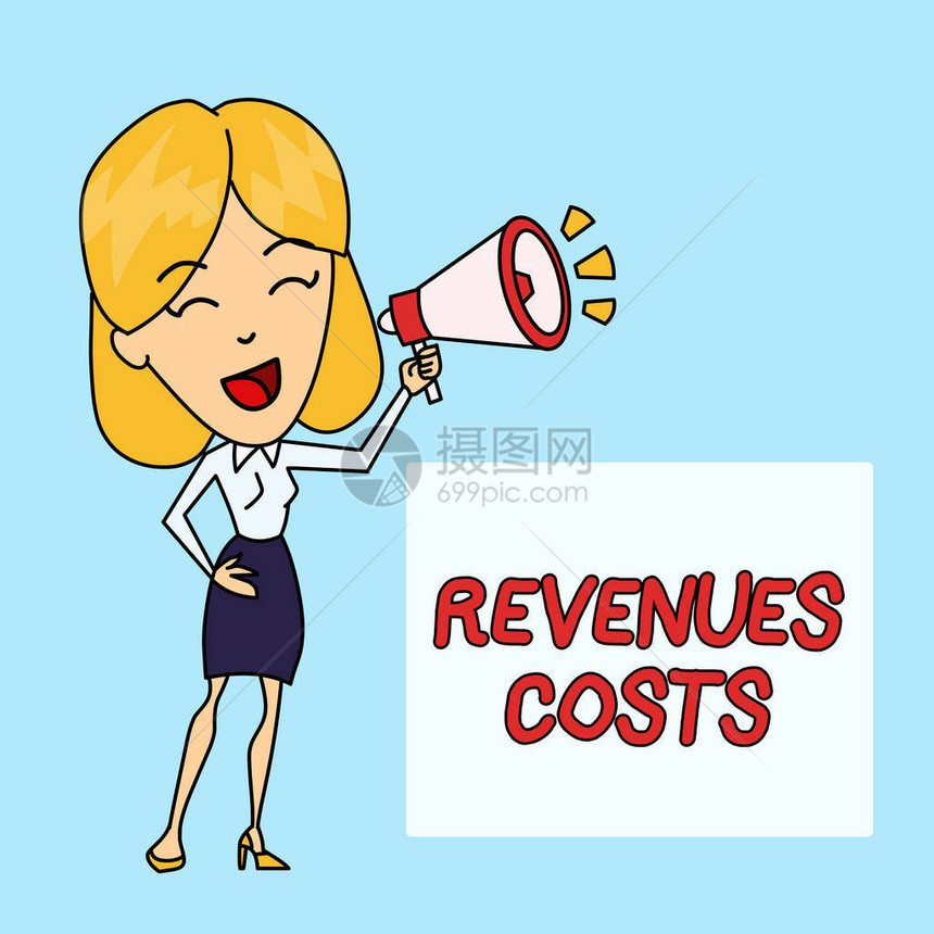 显示收入成本的书面说明制造和交付产品中的总金额的商业概念年轻女用Blowhorn彩色背图片