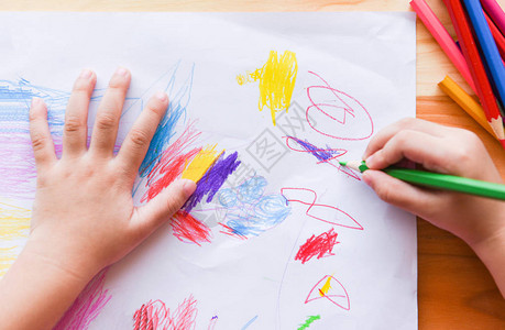 在家的木桌上用彩色铅笔在纸上画的女孩画图和彩图片