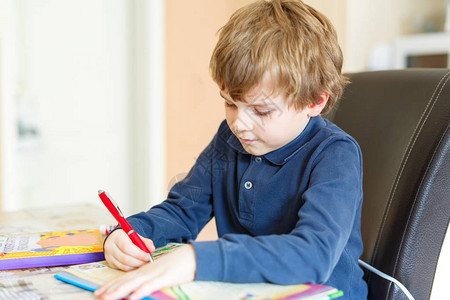 可爱的学龄前儿童男孩在家做作业图片