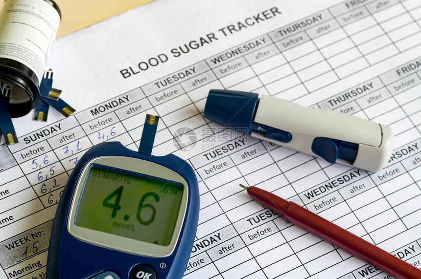 在部分填充的血糖追踪器上测量葡萄糖含量的液压计和其他仪图片
