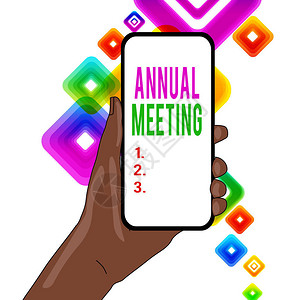 显示年会的书写笔记组织普通会员年度会议的商业概念手持智能手机设备特背景图片