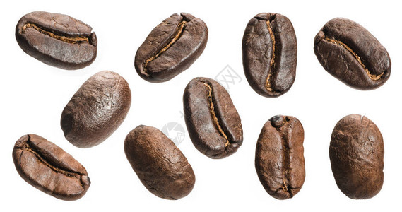 孤立在白色背景上的新鲜烤咖啡豆组咖啡豆特背景图片