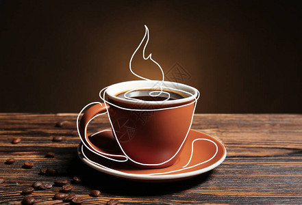 木桌上的一杯热咖啡图片