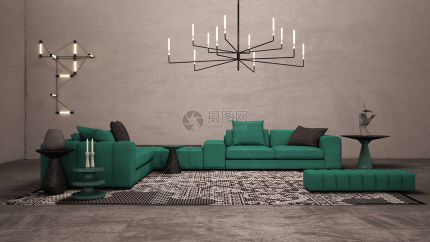 带混凝土石膏墙和地板的彩色客厅带大绿松石沙发的休息室边桌和装饰地毯墙壁和吊灯世博会图片