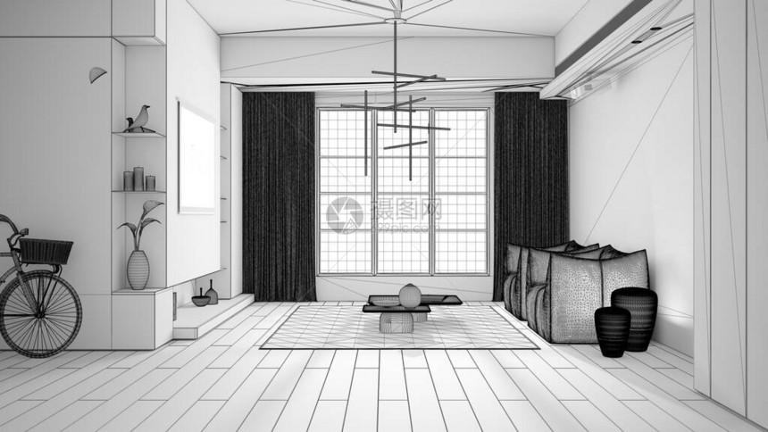 未完成的项目草图简约的客厅带窗帘的大方形窗户镶木地板扶手椅带咖啡桌和装饰的地毯图片