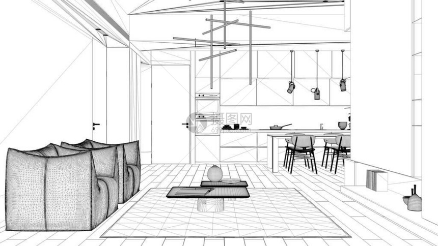蓝图项目草案简约客厅和厨房带椅子的餐桌镶木地板扶手椅地毯和桌子吊灯和装饰品图片
