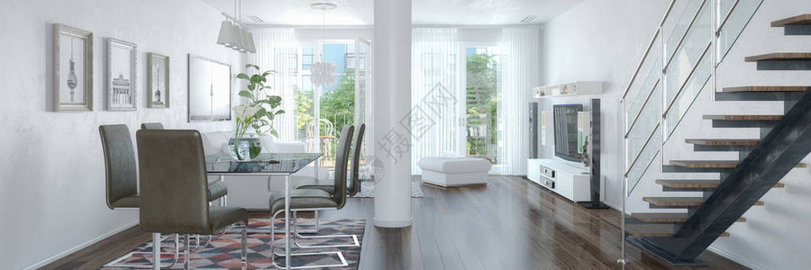 顶层公寓私人带大窗户的现代阁楼的3d渲染设计图片