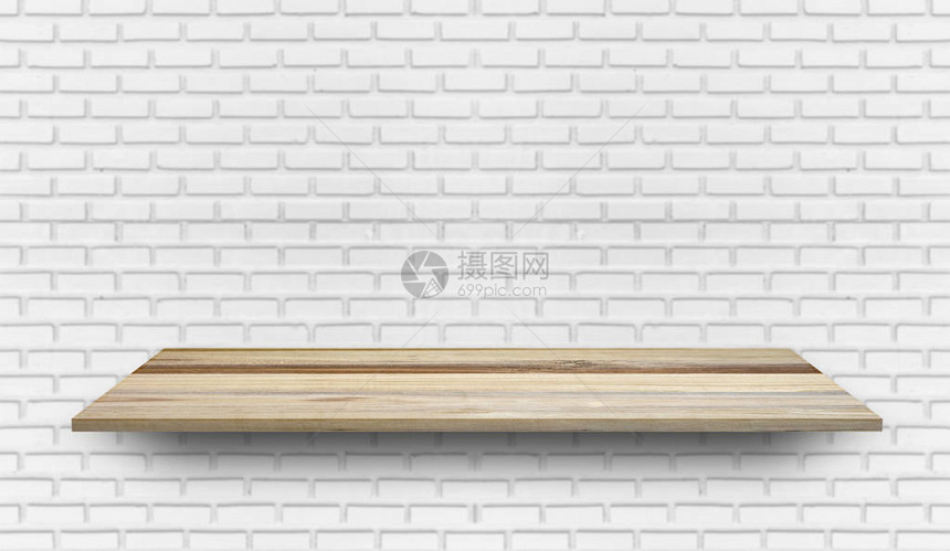 白砖墙图案背景的空木板架产品显示模拟广告横幅图片