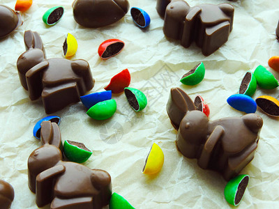 巧克力兔子巧克力鸡蛋和多彩糖果作为背景图片