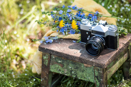 夏季花园木制椅子上的野花和古老胶片照相机度假旅游和旅行概念Front图片