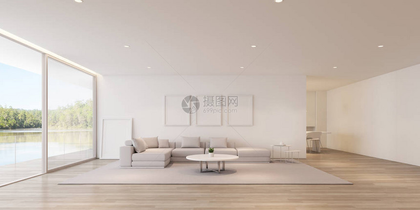 现代豪华客厅的透视与沙发和湖景背的白色相框图片