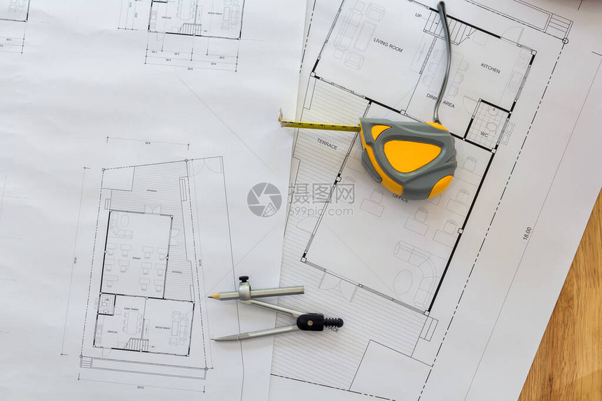 关于蓝图建筑概念的测量工具和分解器或指南针图片