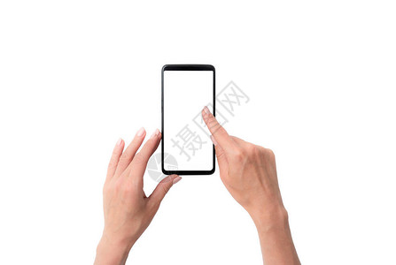 以白色背景孤立的黑色智能手机模拟用户手举图片