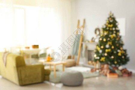 为圣诞节装饰的美丽客厅的模糊景观图片