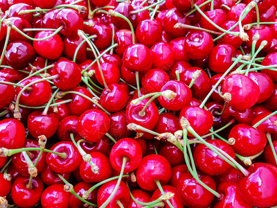 桌子上的红色新鲜樱桃串浆果背景乌克兰农贸市场的樱桃新图片