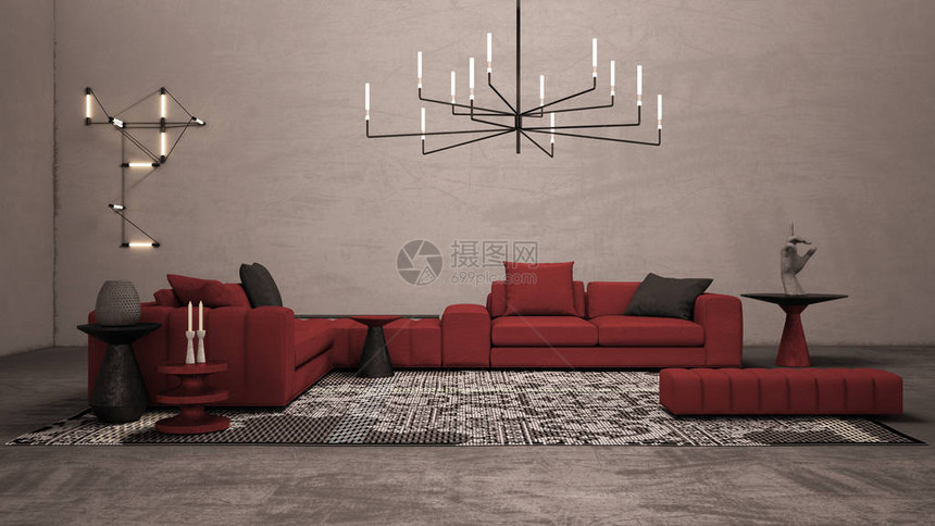 带混凝土石膏墙和地板的彩色客厅带大红色沙发的休息室边桌和装饰地毯墙壁和吊灯世博会图片