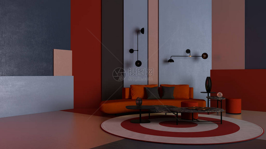 色彩缤纷的带红色沙发的休息室咖啡桌和装饰石膏彩色面板圆形地毯壁灯带复制空间的背景世博会图片