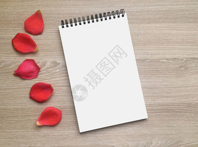 浅色木质背景上带有猩红色玫瑰花瓣的空白笔记本背景图片