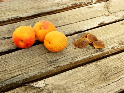 木桌上的新鲜杏子杏核图片