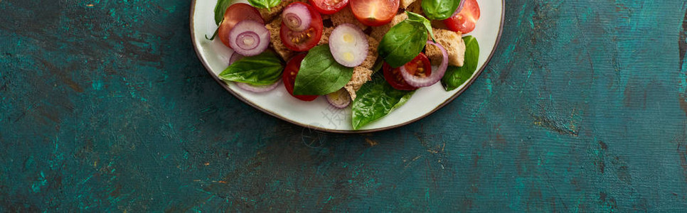意大利菜色沙拉Panzanella坐在板子上在素状绿色表面图片